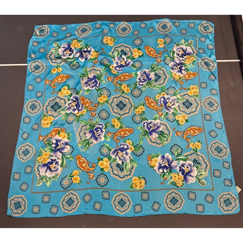 Adrienne Vittadini Silk Scarf Turquoise Blue Floral Paisley Square Made in Japan - Picture 2 of 5
